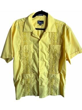 Omega Fashion Guayabera Shirt Mens Large Yellow Embroidered 4 Pocket Button Up